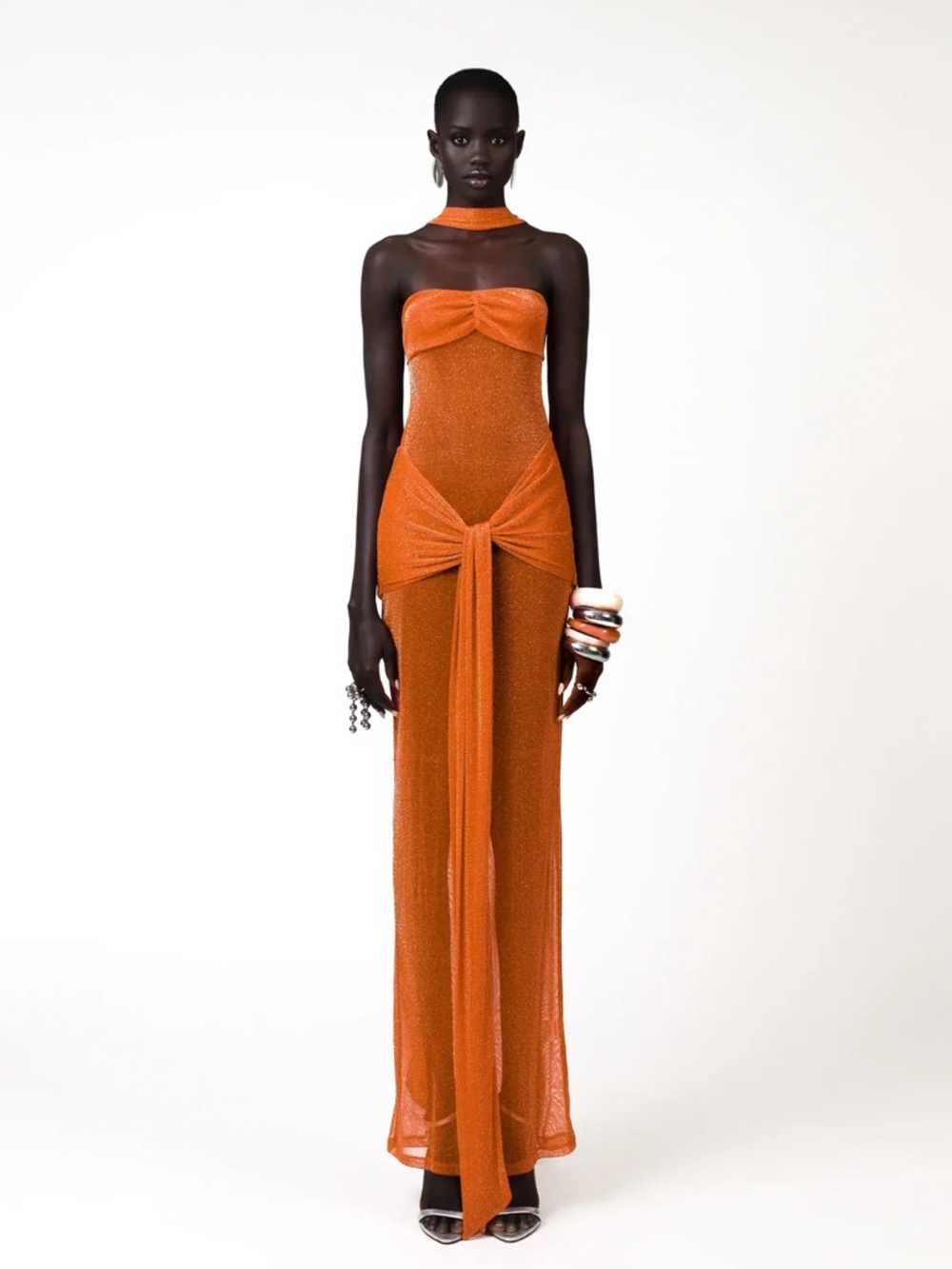 Khanum’s Strapless Orange Mesh Maxi Dress